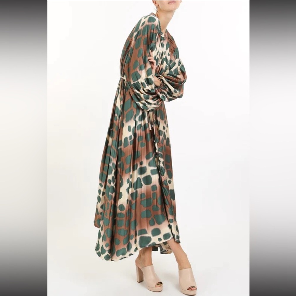Green Modest Leopard Cheetah Print Pleated Long-Sleeve Maxi Relaxed Fit Dres M-L - Picture 8 of 16